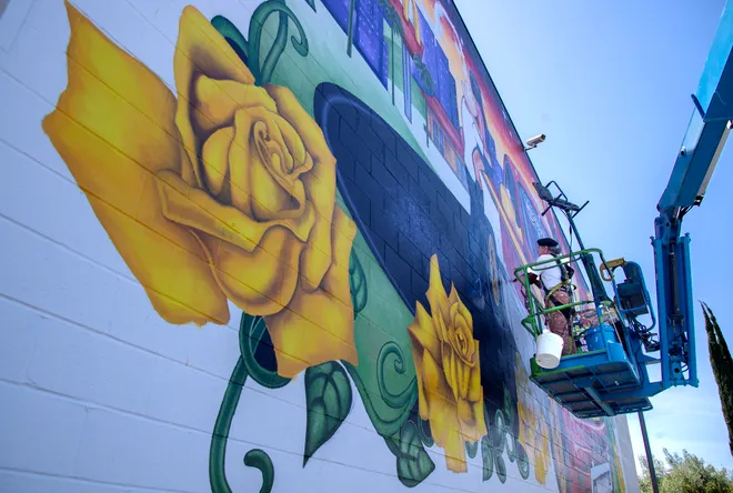 Close-up of the mural rose artwork.